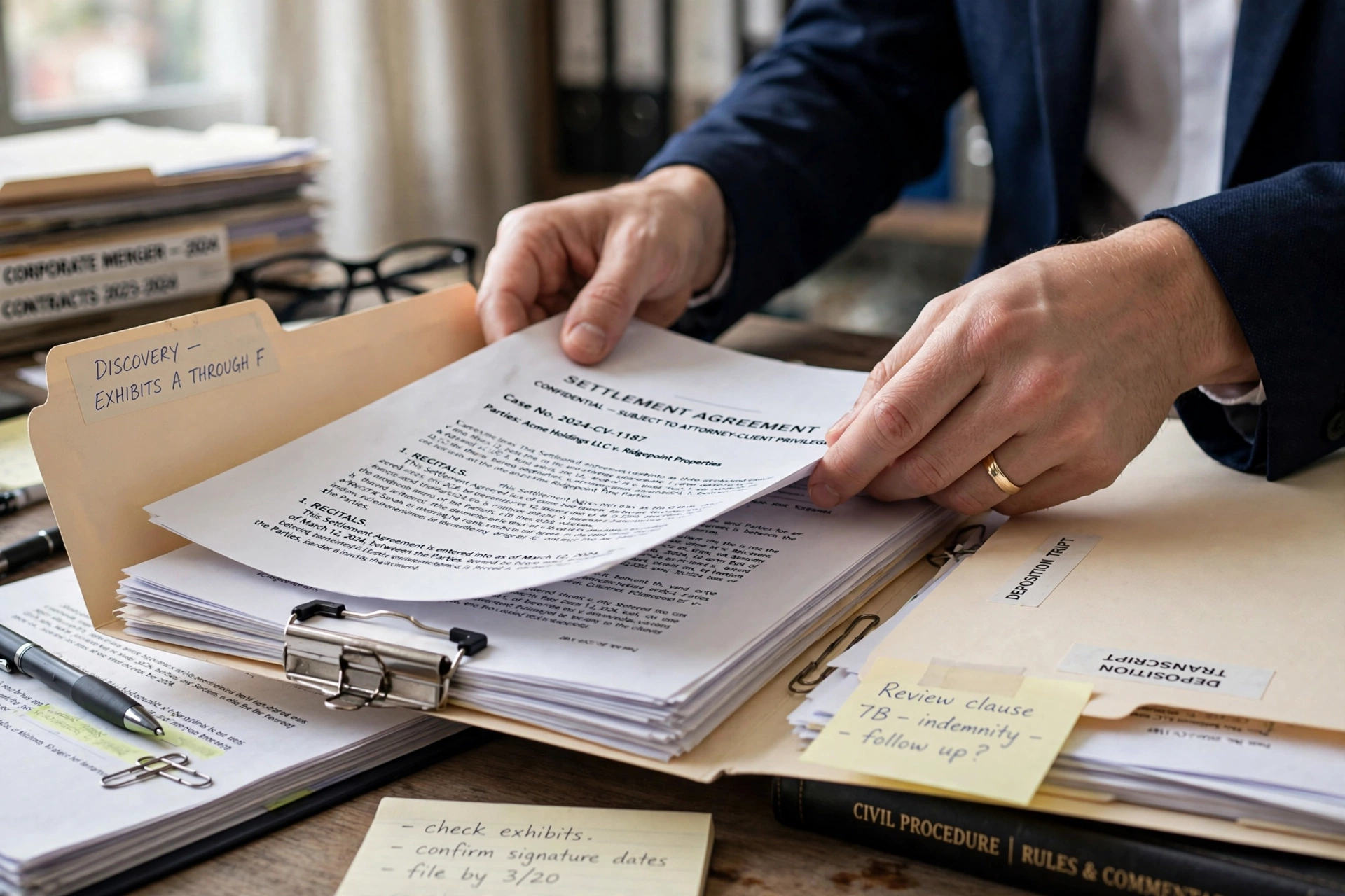 Advogado organizando documentos jurídicos em escritório