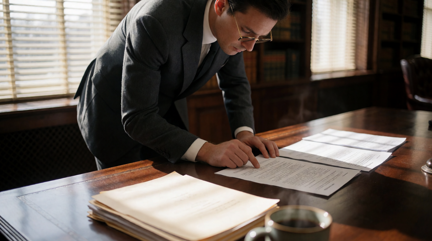Advogado especialista analisando documentos de concurso público