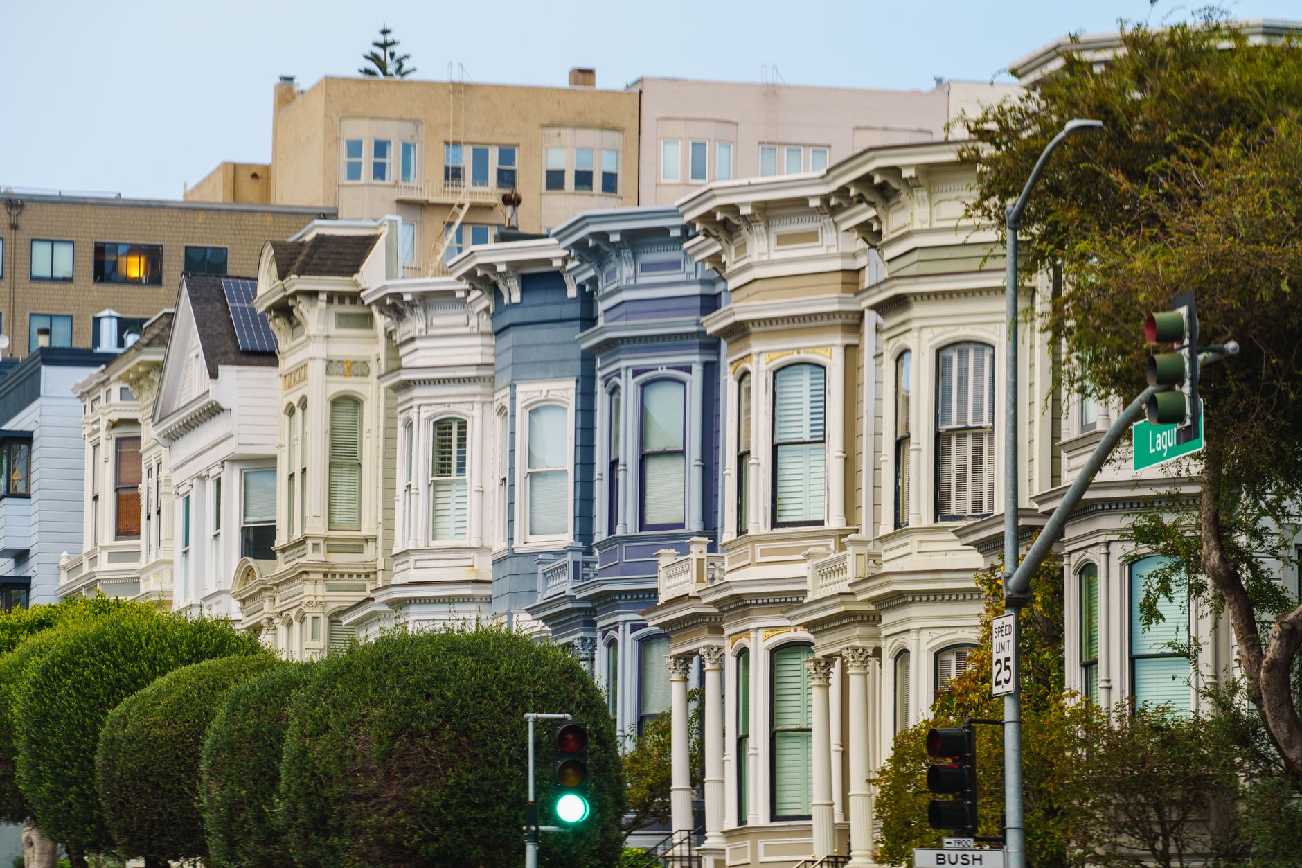 Charming view of iconic Victorian houses in San Francisco, known as the Painted Ladies.