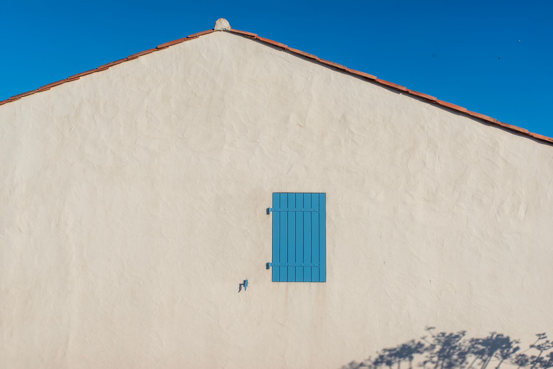 Minimalist house wall with a blue shutter against a clear blue sky, creating a serene summer vibe.