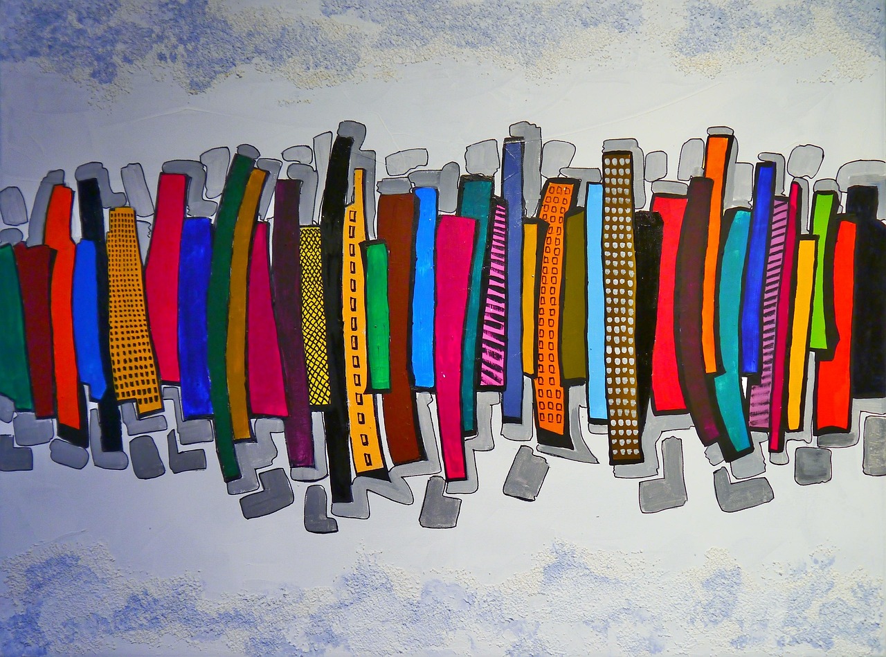 art, to paint, multicoloured, acrylic paints, painting, canvas, skyscraper, artwork, creativity, to dye, composition, modern, houses