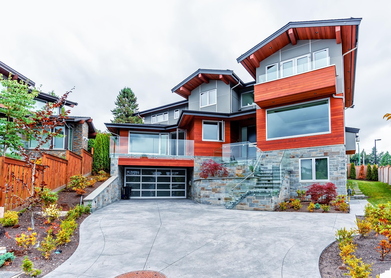 balcony, beautiful, bushes, cloudy, fence, fir, garage, glass, grass, green, house, modern, sky, steps, trees, two-storey, windows, two, storey, building, architecture, nature, exterior, home, facade, property, residential, summer, door, estate, new, apartment