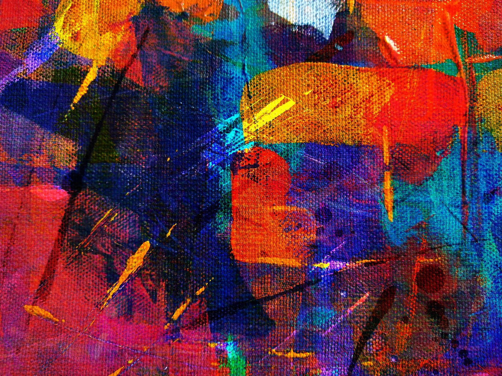 Bold abstract painting with vivid colors and dynamic brush strokes on canvas.