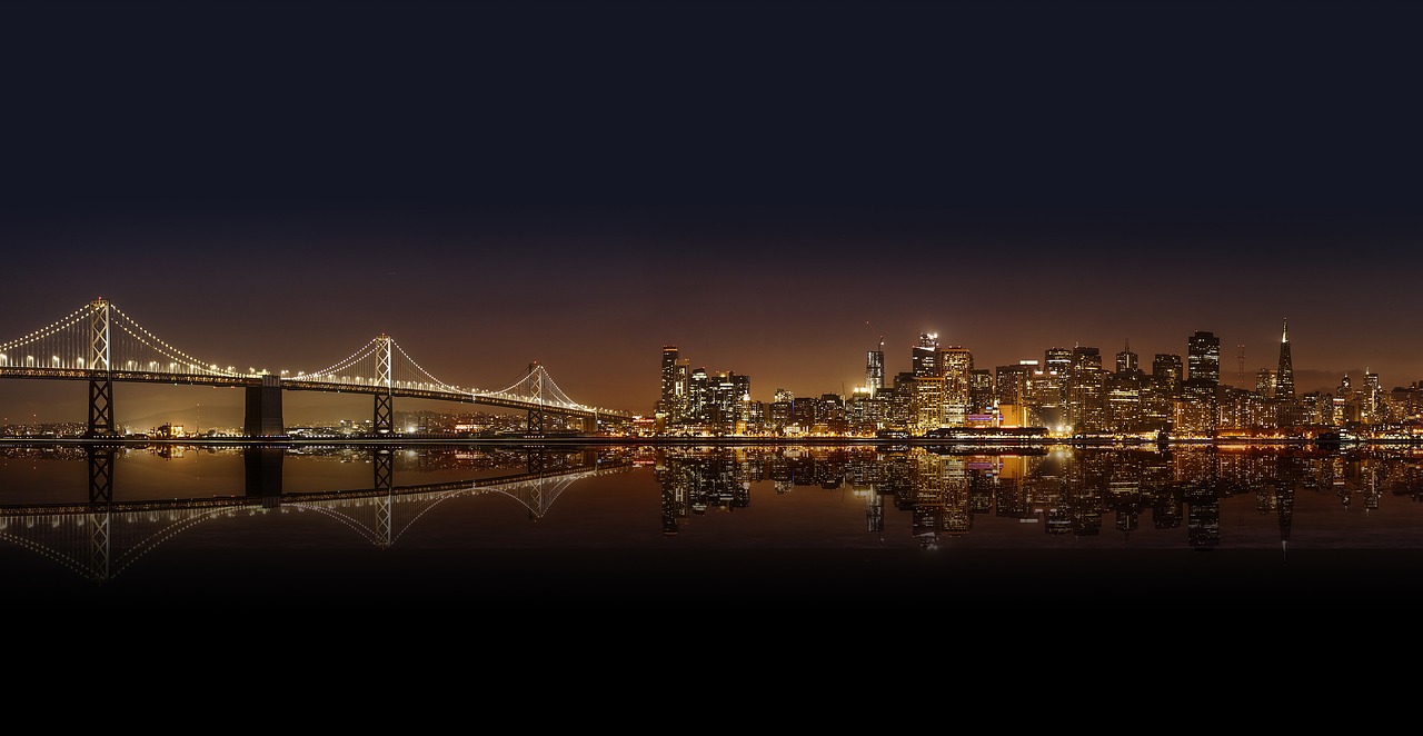 architecture, bridge, buildings, city, city lights, cityscape, downtown, night, panoramic, reflection, sea, skyline, nature, skyscrapers, suspension bridge, urban, water, usa, america, illuminated, water reflection, mirroring, mirror image