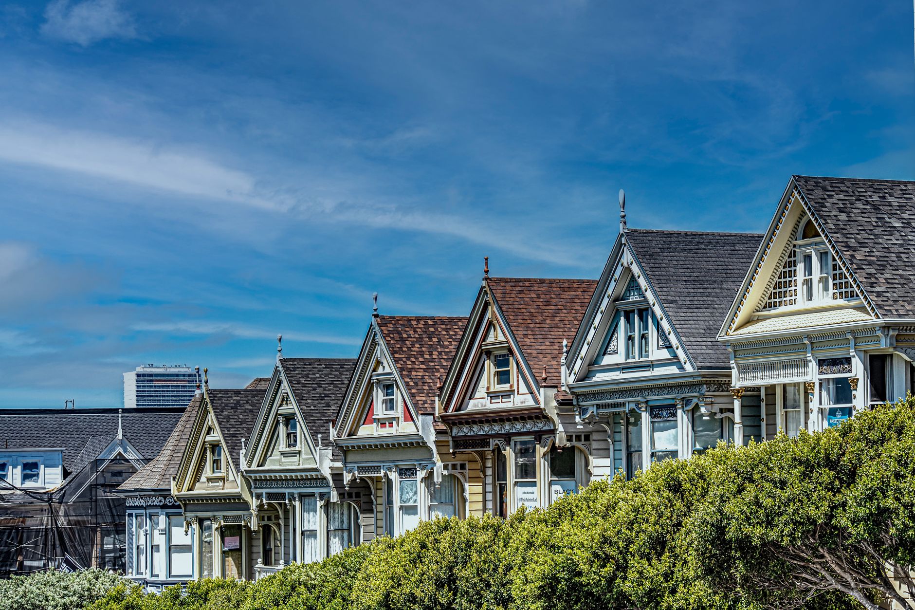 View of the famous Painted Ladies with San Francisco skyline in the background, a classic landmark.