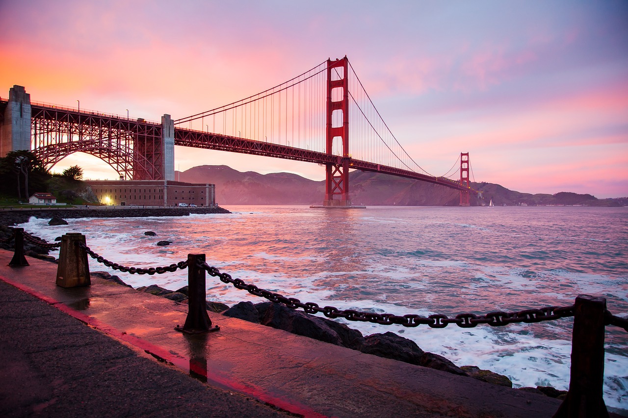 architecture, nature, golden gate bridge, san francisco, suspension bridge, bay, san francisco bay, sunset, dusk, twilight, bridge, buildings, landmark, ocean, sea, water, waves