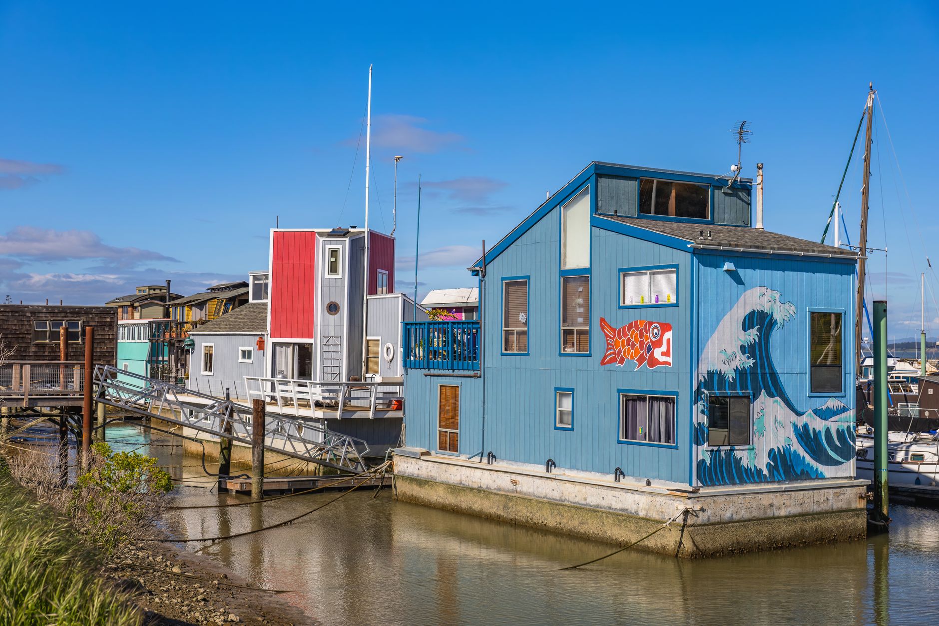 Scenic view of vibrant houseboats moored at Point San Pablo Yacht Harbor under a clear blue sky.