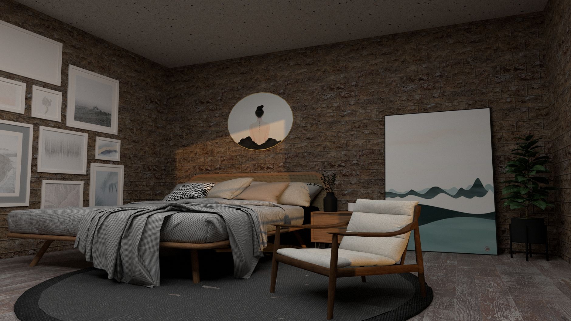 A stylish bedroom interior featuring minimalistic furniture and contemporary decor against a brick wall.