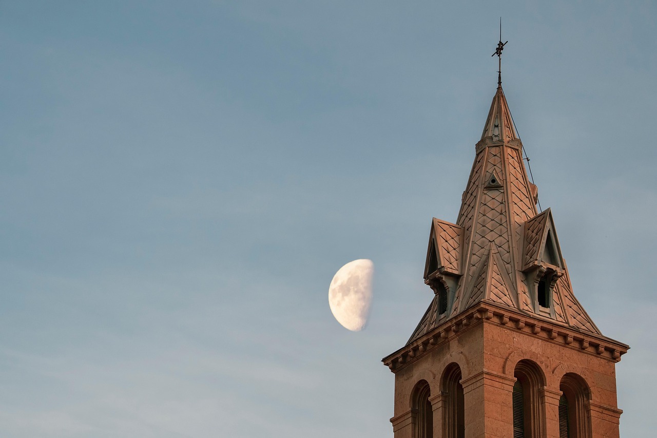 moon, nature, architecture, sunset, church, religion
