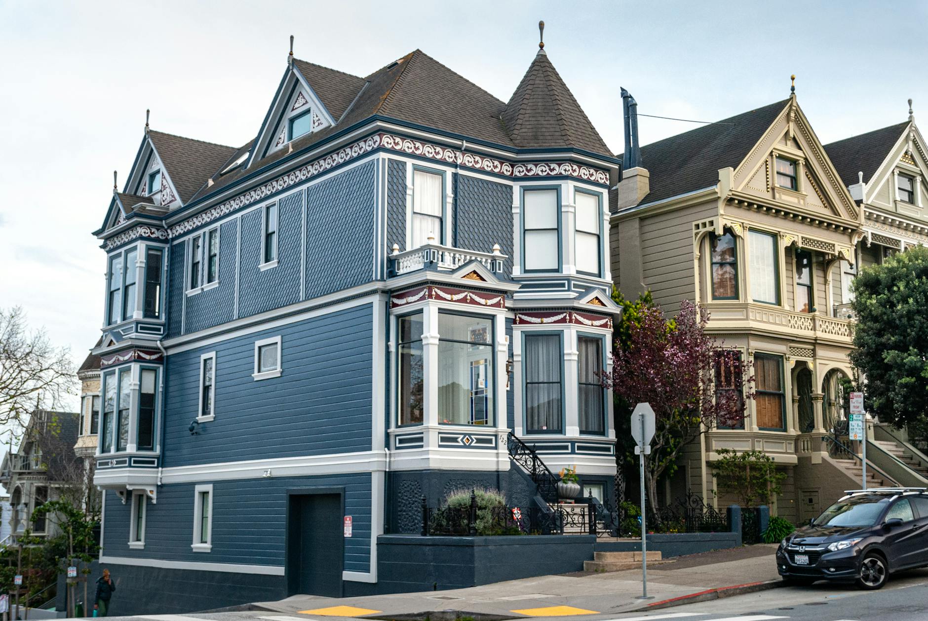Beautiful Victorian houses on a sunny street in San Francisco, California.