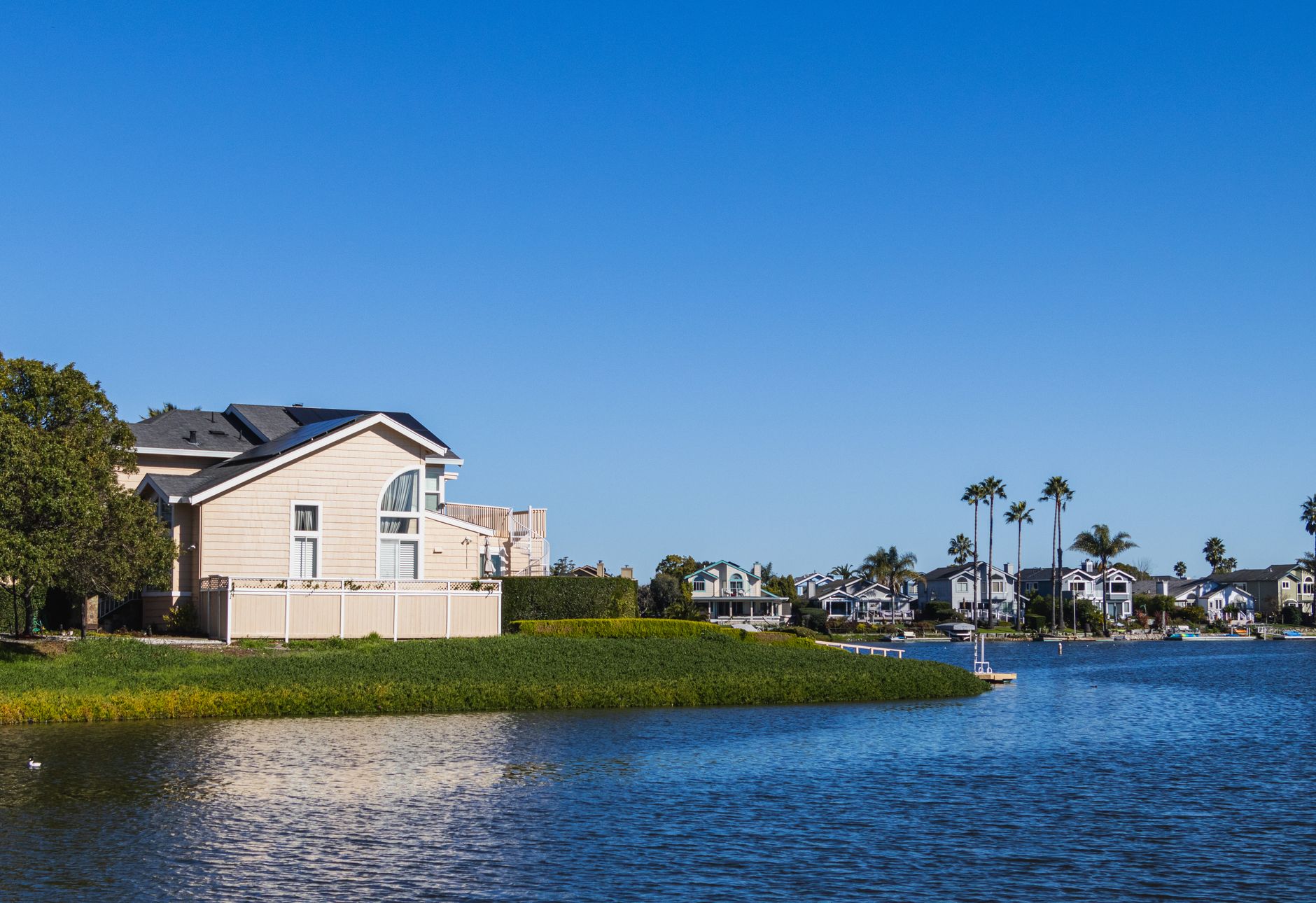 Charming lakeside residences lined with palm trees on a sunny summer day.
