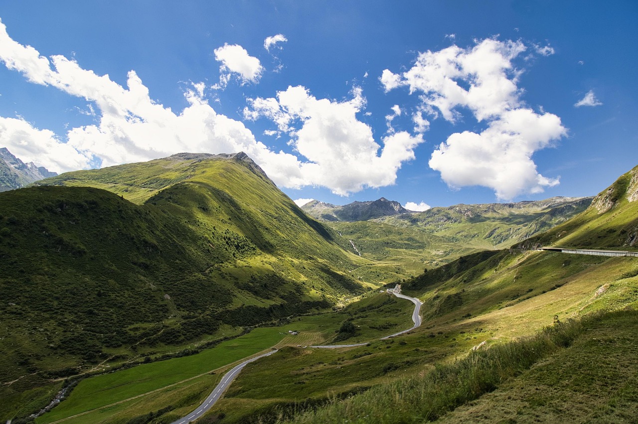 mountains, oberalp pass, mountain road, summer, travel, light, nature, landscape