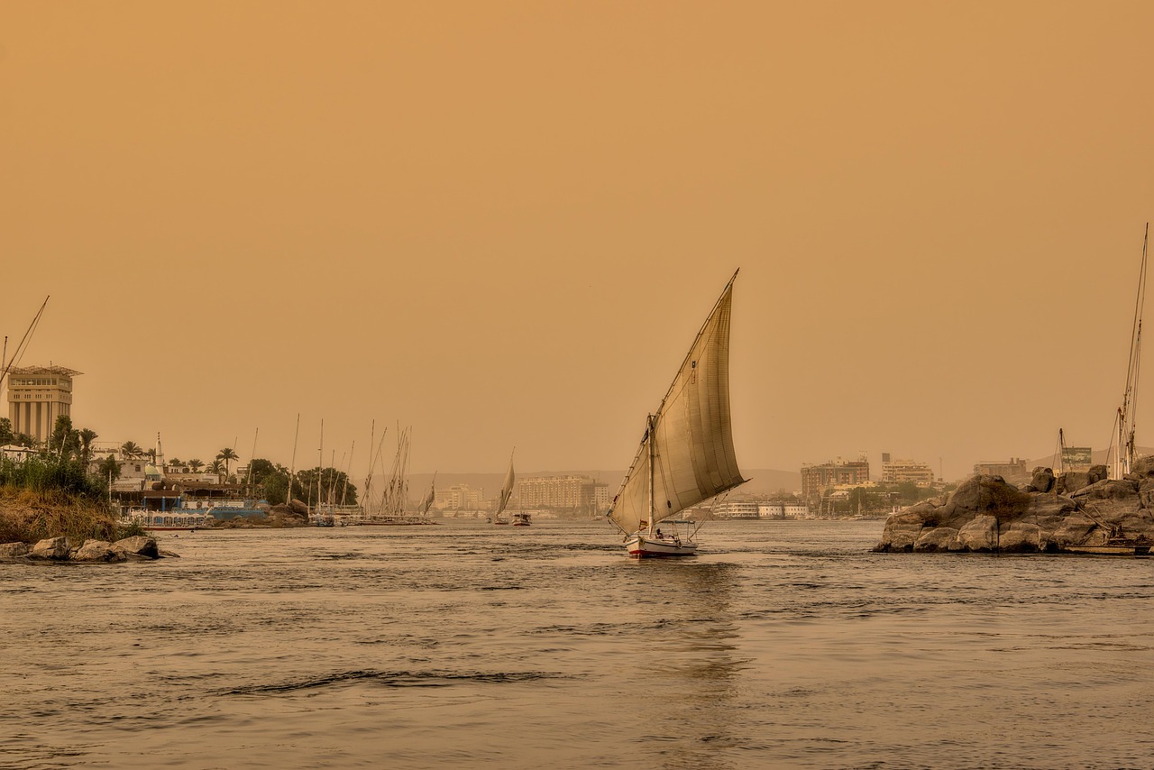 felucca, nile, sunset, flow, sailboat, boats, nature, riverside, egypt, dusk, river landscape, shipping