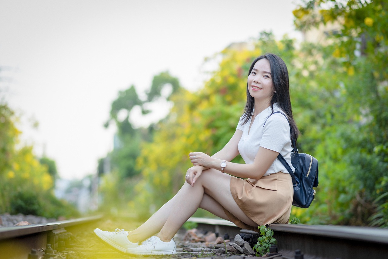 woman, smile, beauty, portrait, female, girl, asian, nature, flower wallpaper, flower, beautiful flowers, railway, train, lily flower, hoa huỳnh liên, đường ray xe lửa, sài gòn, mùa hoa vàng, flower background, trên đường ray, hoa vàng