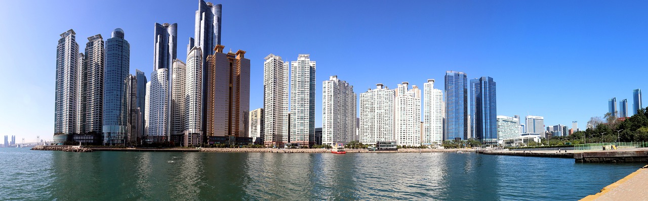 wide angle, skyscraper, busan, pusan, korea, haeundae, marin city, building, sea, city, architecture, metropolitan, nature, buildings, travel, scenery, urban, metropolis, downtown, cityscape
