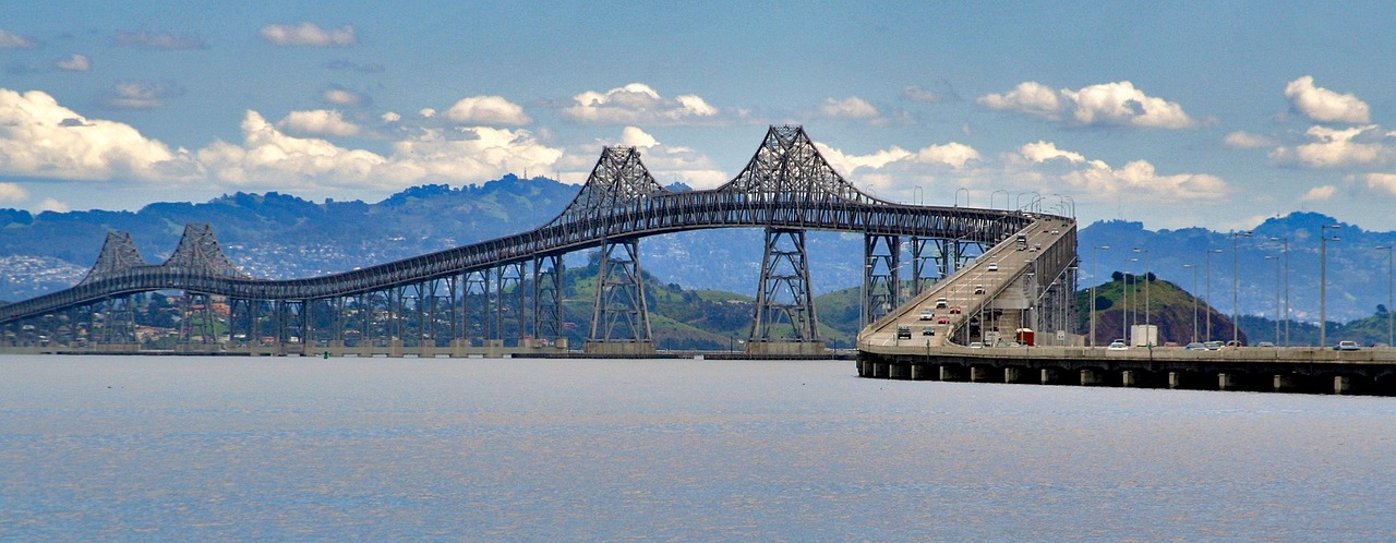 san rafael bridge, clouds, cars, bay, san francisco bay, mountains, blue sky, bridge, rafael, san, nature, sky, blue, scenic, arch, cloudscape, destination, i-580, use, california, blue car, blue bridge