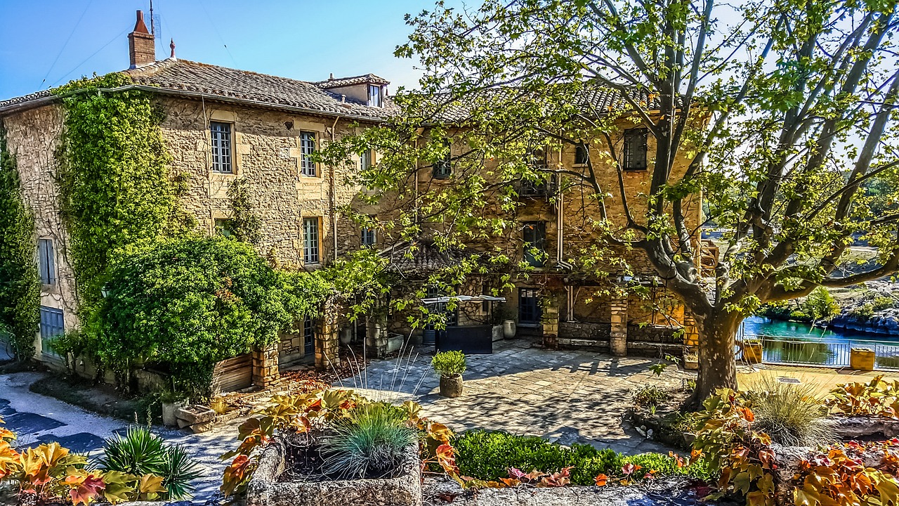 stone, home, rustic, mediterranean, old, stucco, exterior, nature, house, river, design, structure, provence, france, french, provincial, garden, tree, residence, luxury, mansion
