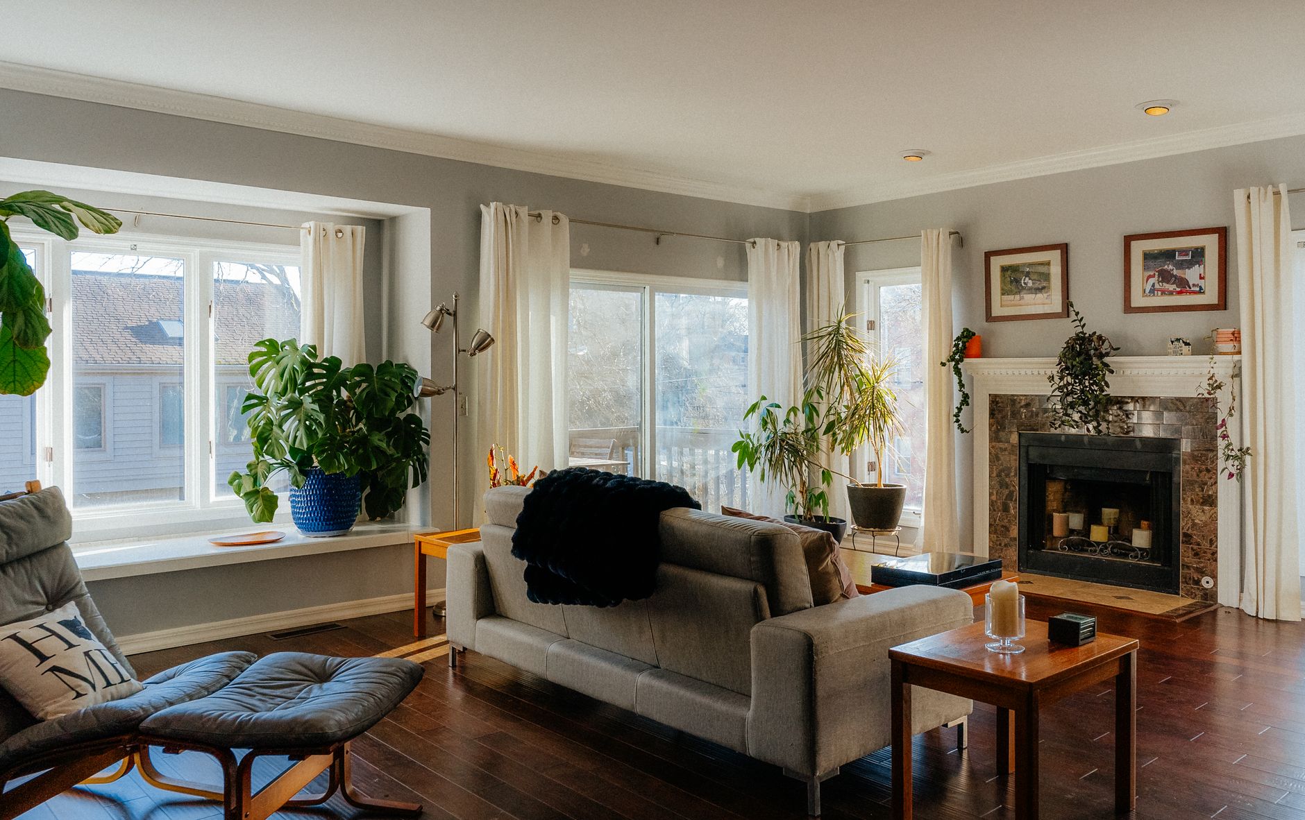 A cozy modern living room in Cincinnati featuring plants and a fireplace.