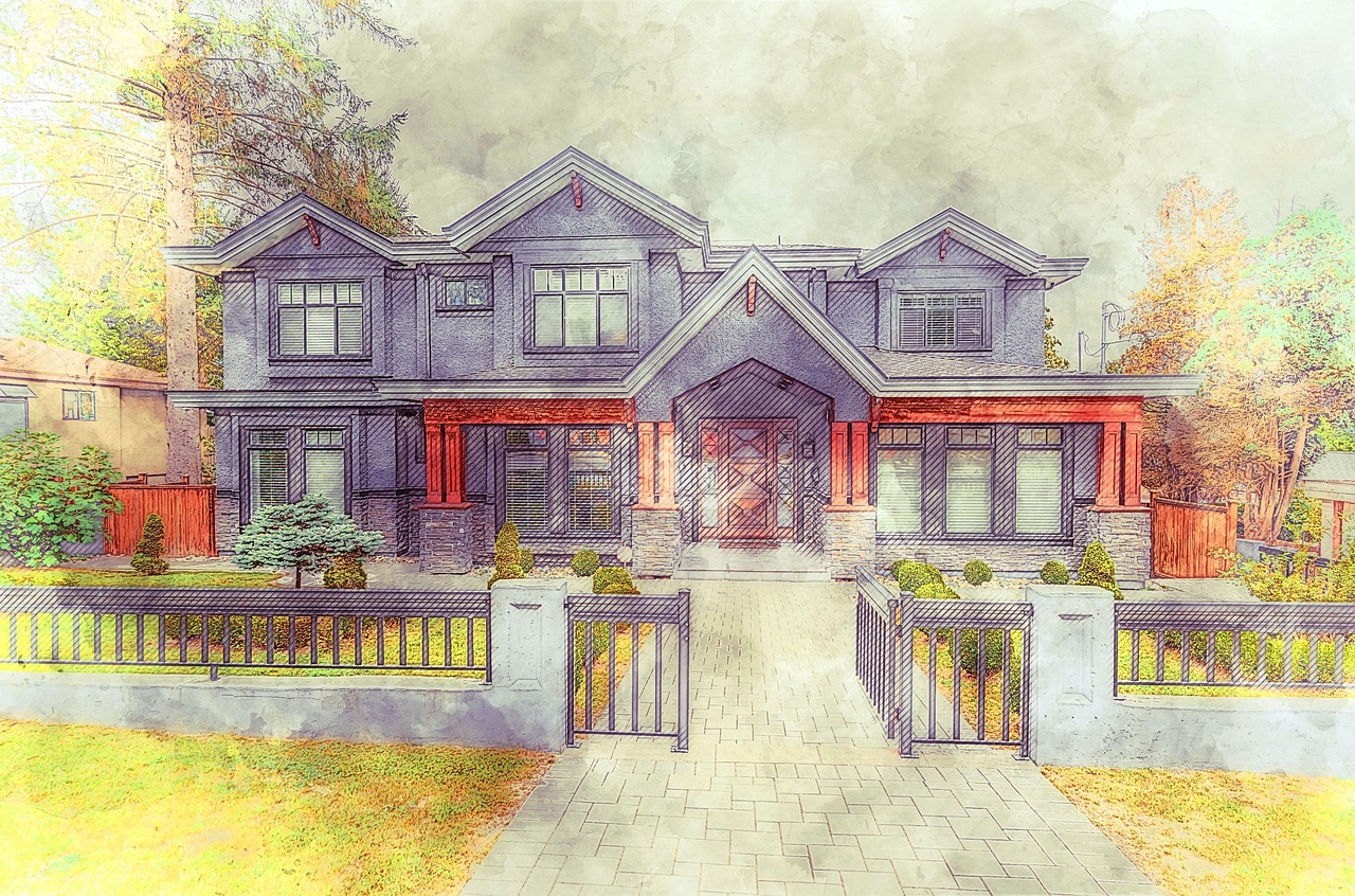 artwork, painting, house, visual art, two-storey house, architecture