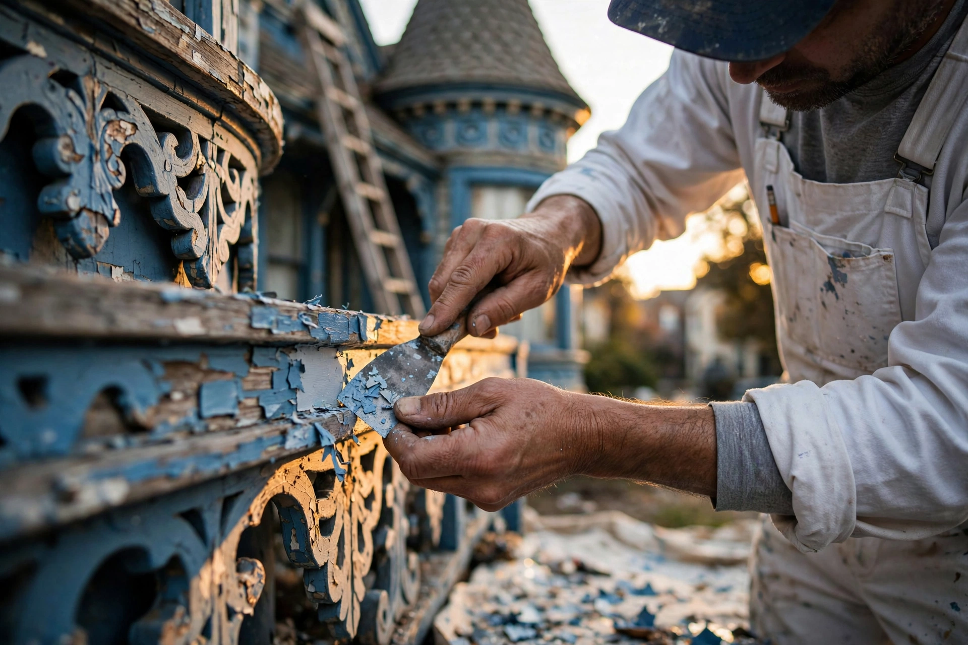 Professional painter preparing a historic Victorian home in Berkeley for painting