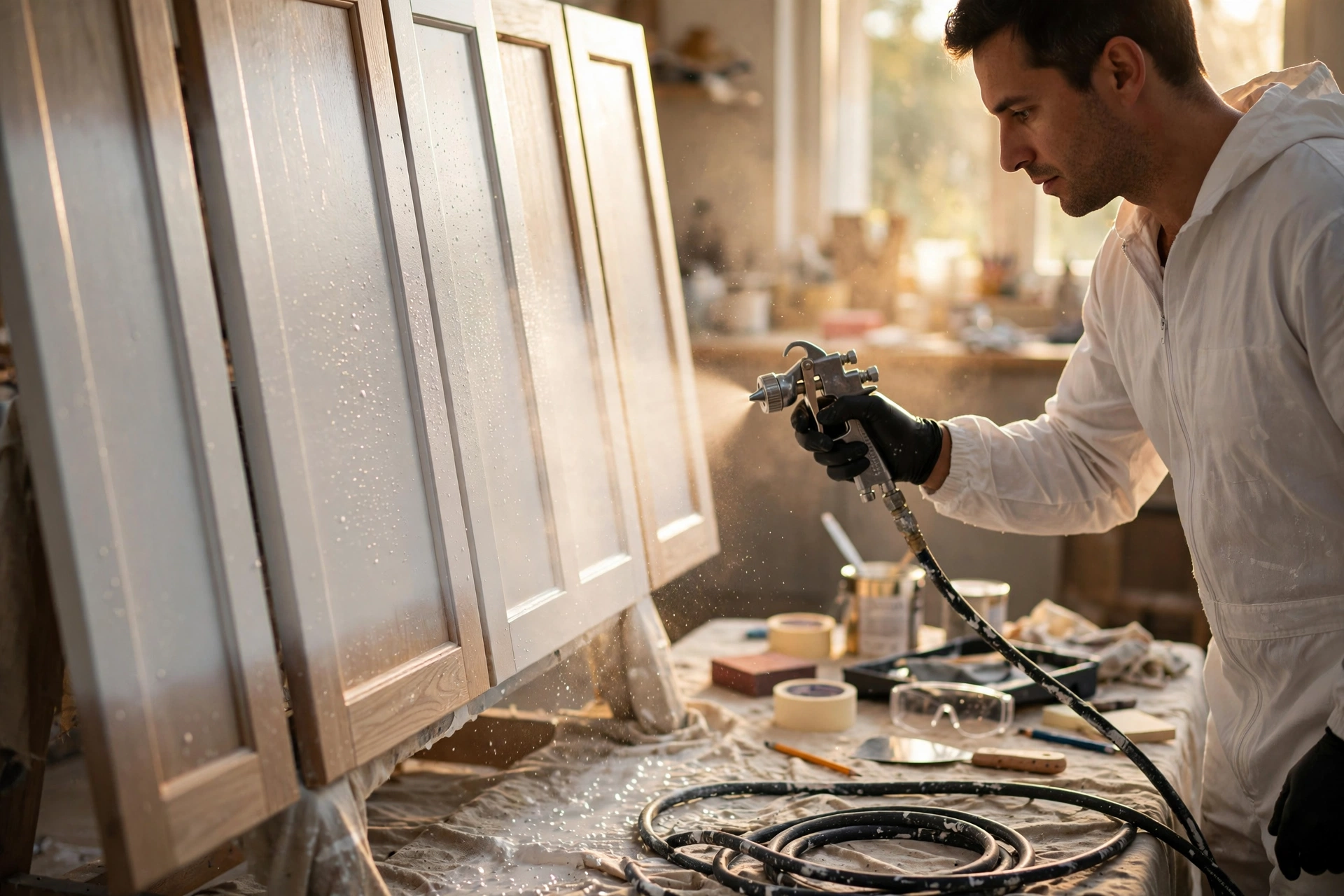 Professional painter applying a smooth finish to kitchen cabinets in Union City