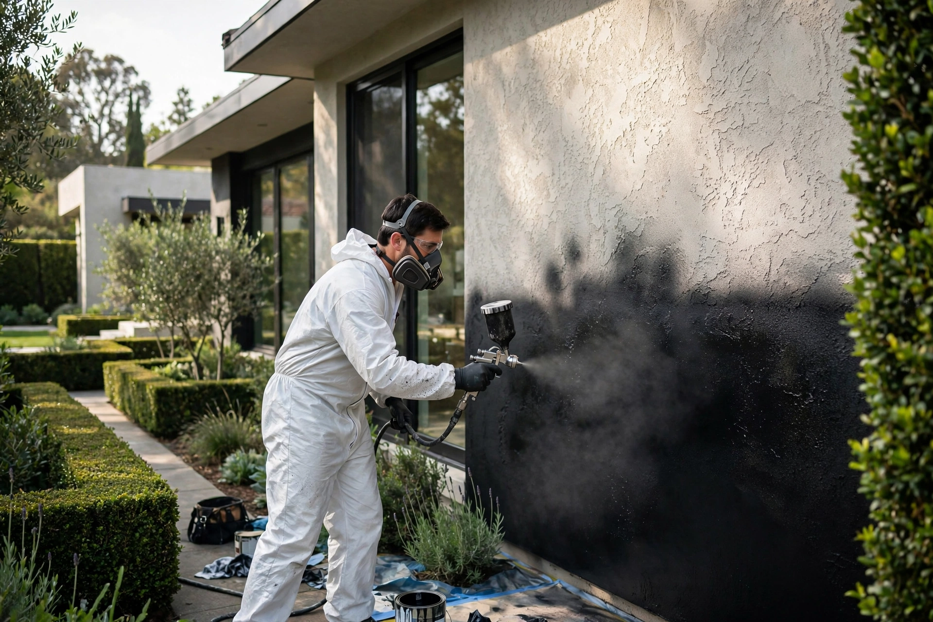 Professional painter applying exterior paint to a luxury estate in Hillsborough CA
