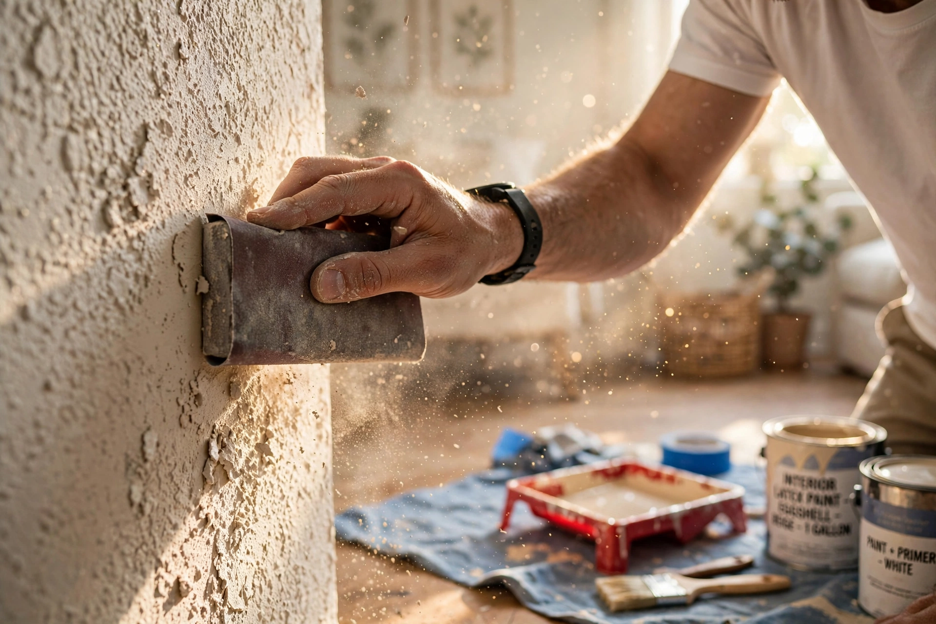 Professional painter preparing the wall before painting