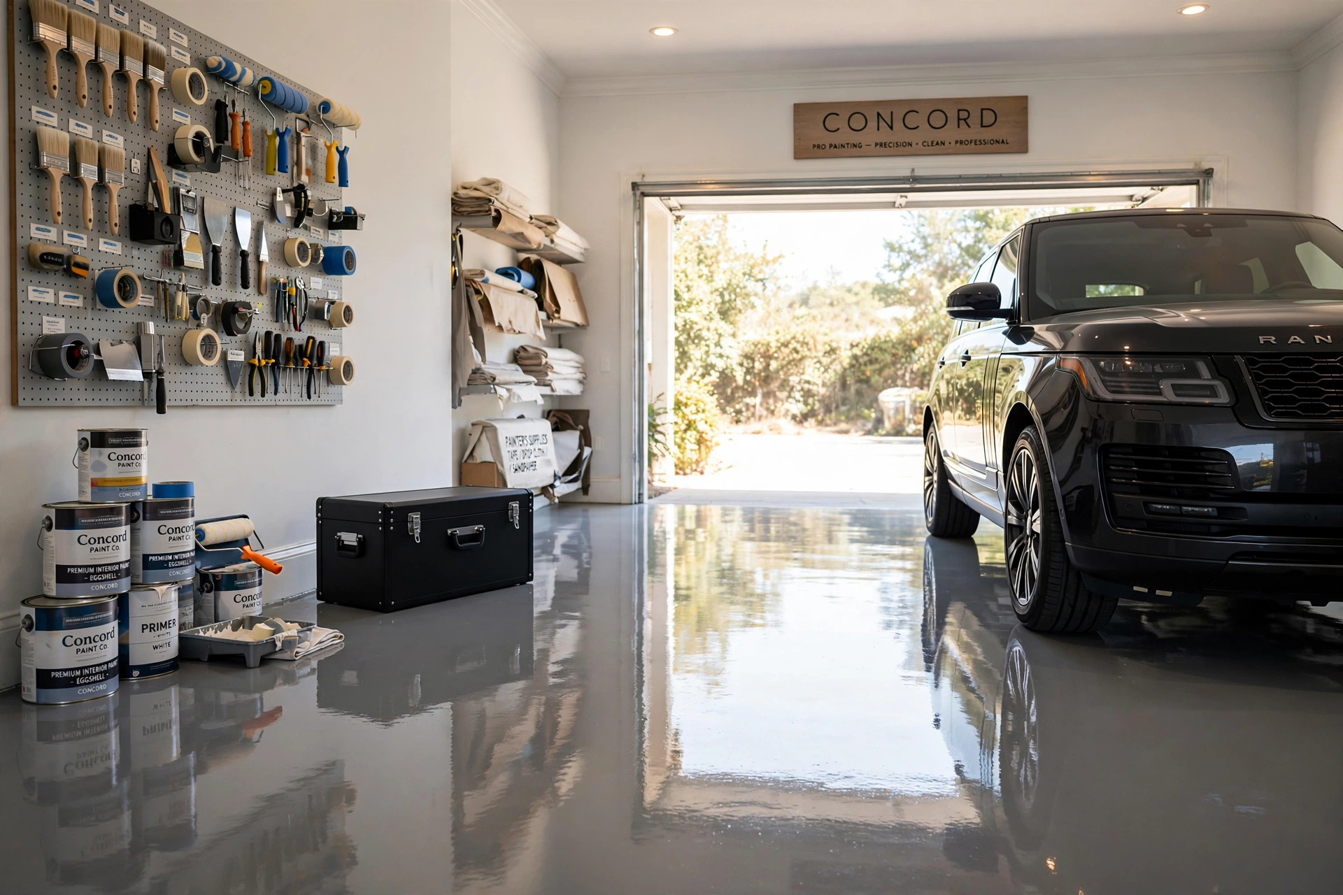 High gloss gray epoxy floor coating in a clean Concord garage