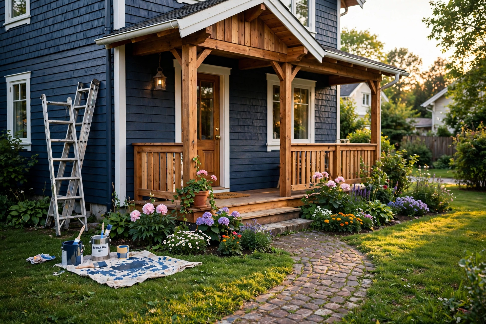Beautiful residential house exterior painted in dark blue