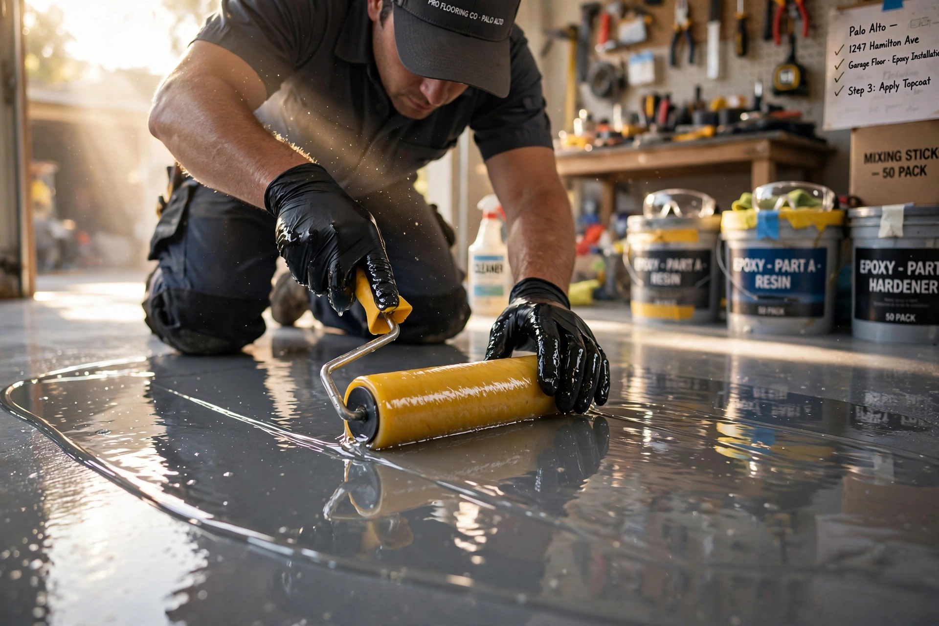 Professional installer applying grey epoxy floor coating in a Palo Alto garage
