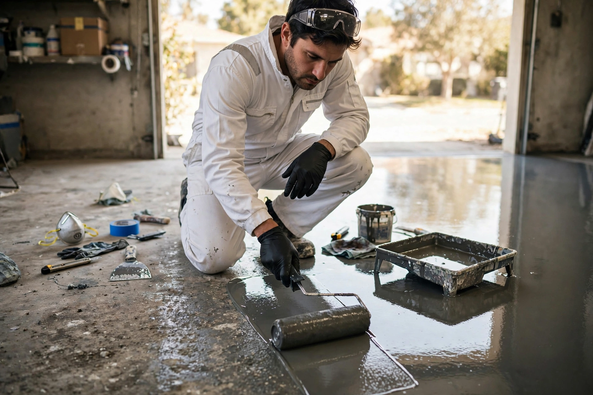 Professional installer applying industrial epoxy coating to a concrete garage floor