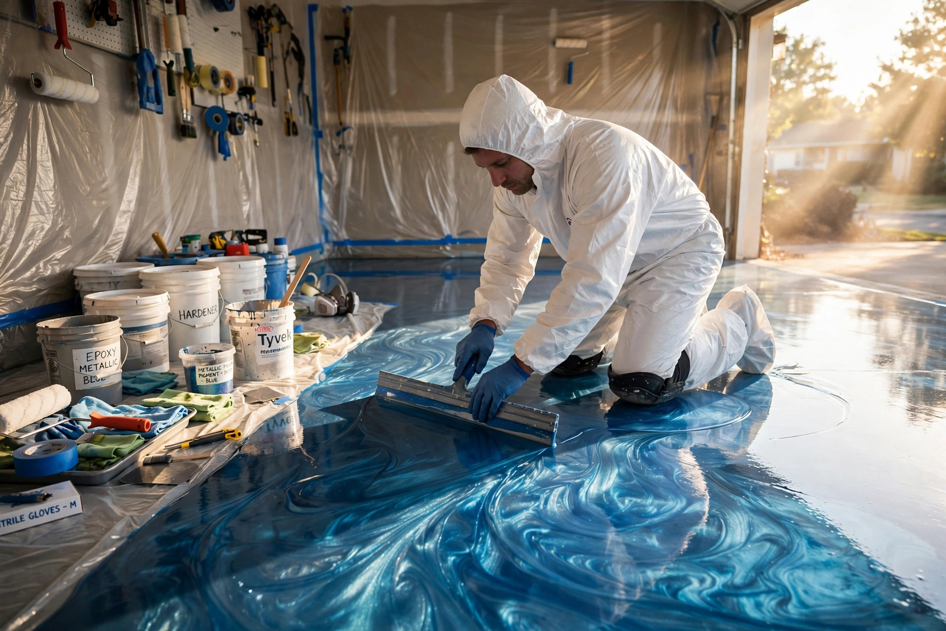 Professional epoxy flooring installation in a residential garage in Oakley CA