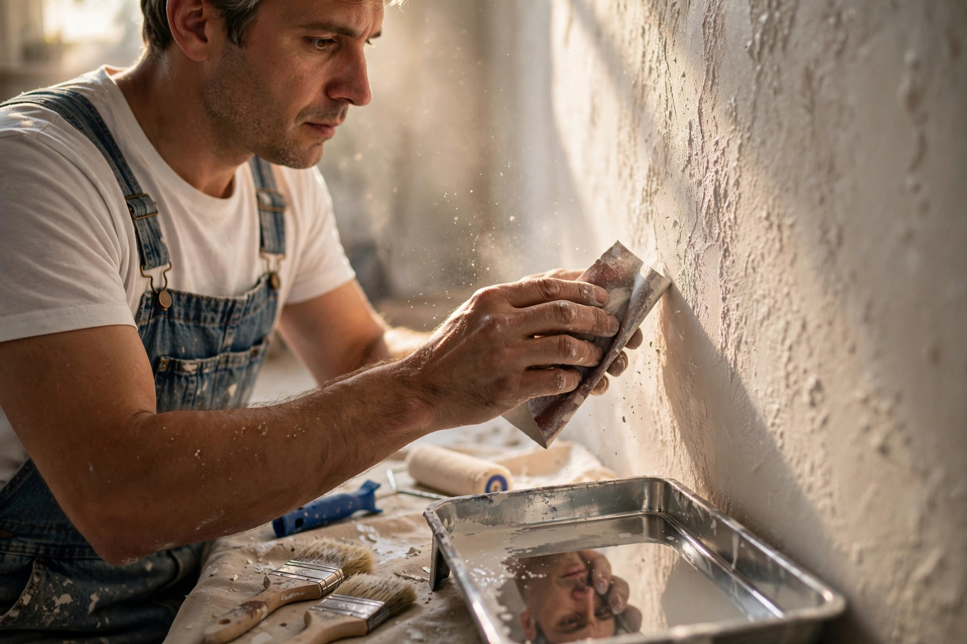 Professional painter preparing the wall before painting