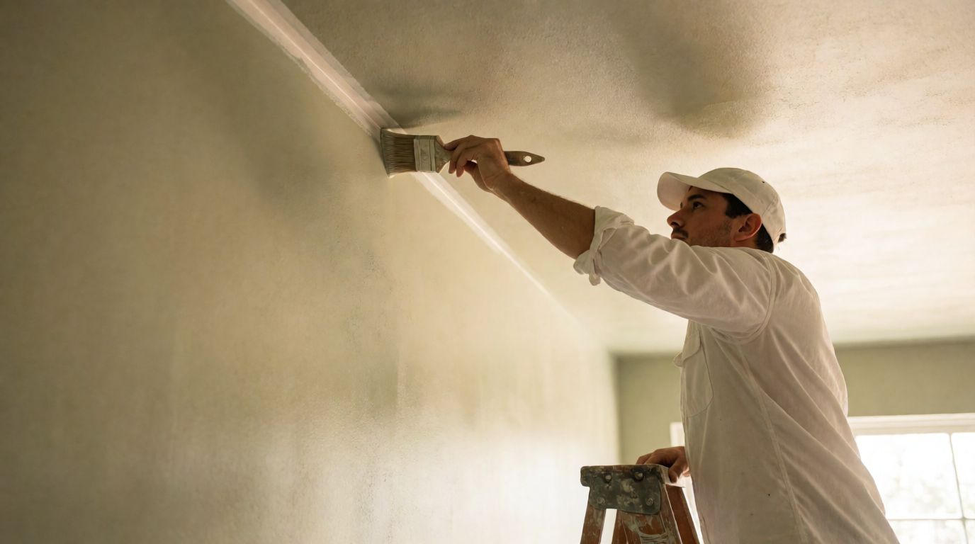 Professional painter carefully cutting in edges in a Lafayette home interior