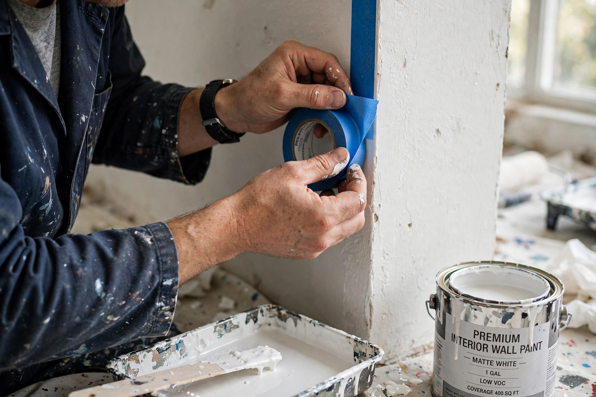 Professional painter preparing the wall before painting in a Hayward home