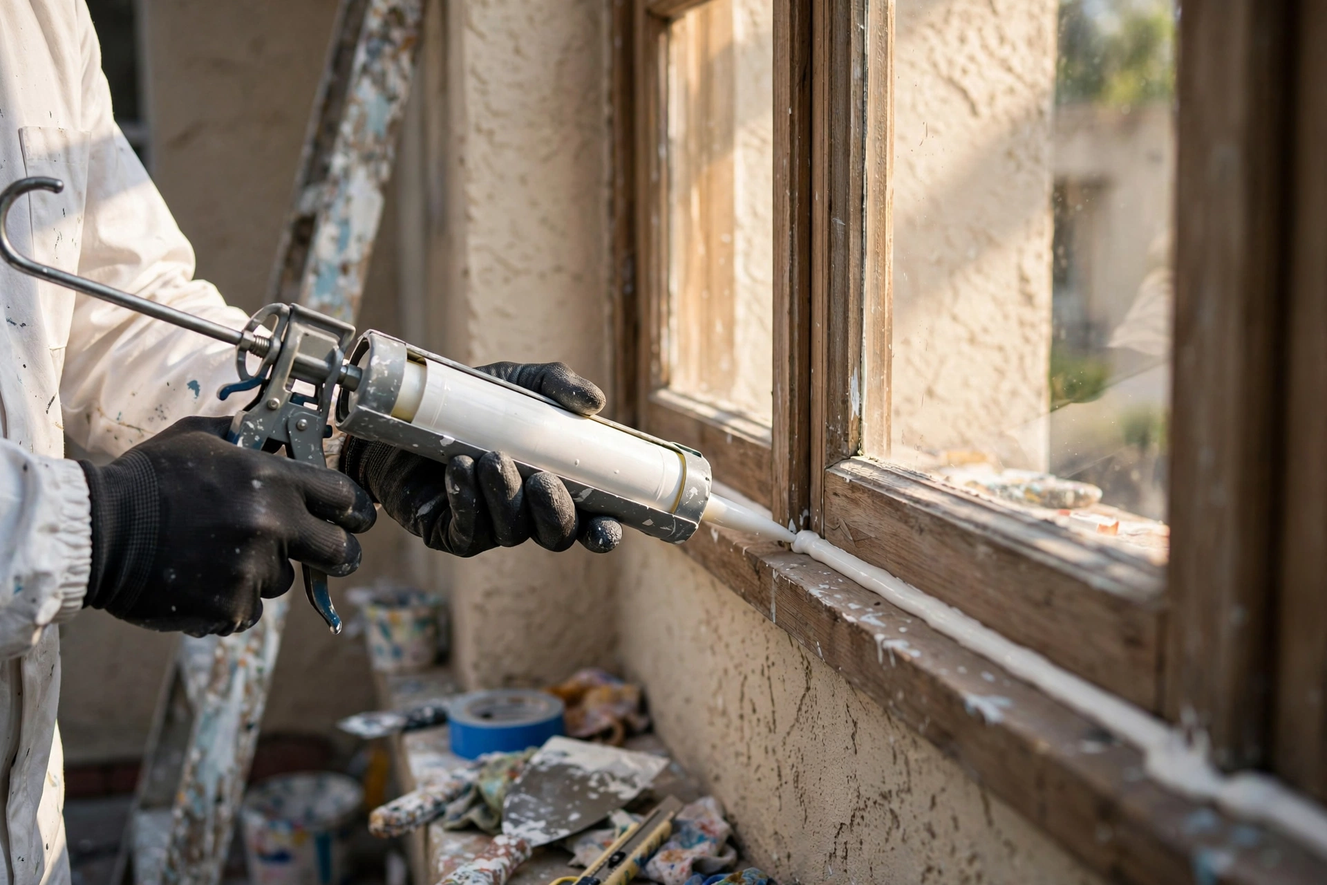 Professional painter applying high-grade sealant to a window frame in a multi-family building