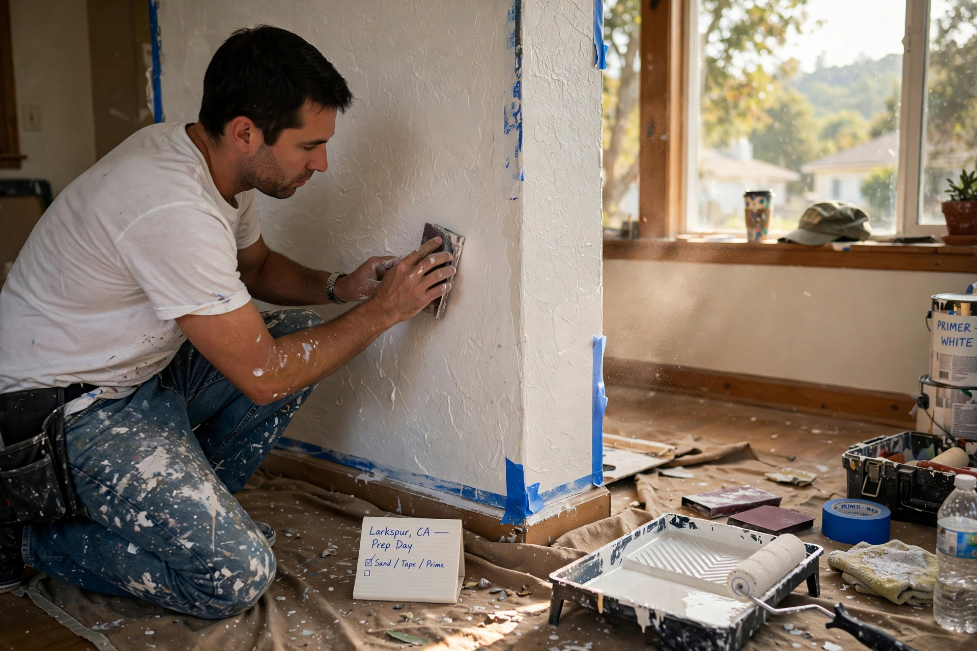 Professional painter preparing the wall before painting in Larkspur CA