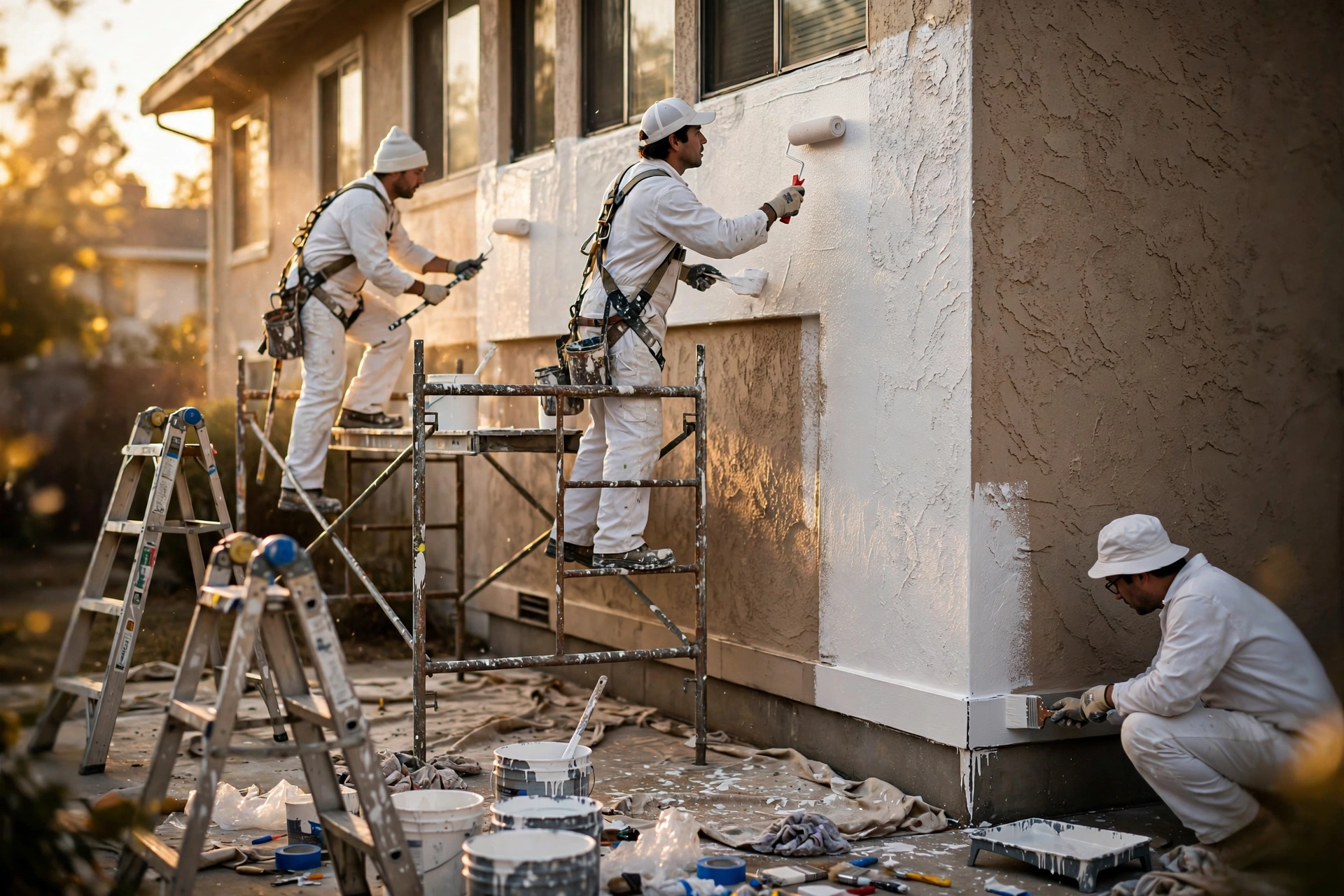 Professional multi-family painters applying exterior paint to a residential complex in San Bruno, CA