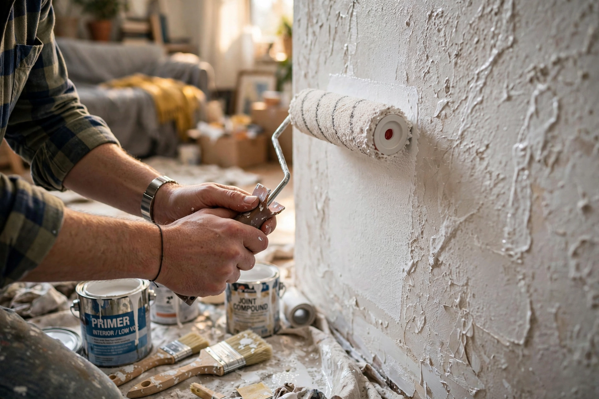 Professional painter preparing the wall before painting