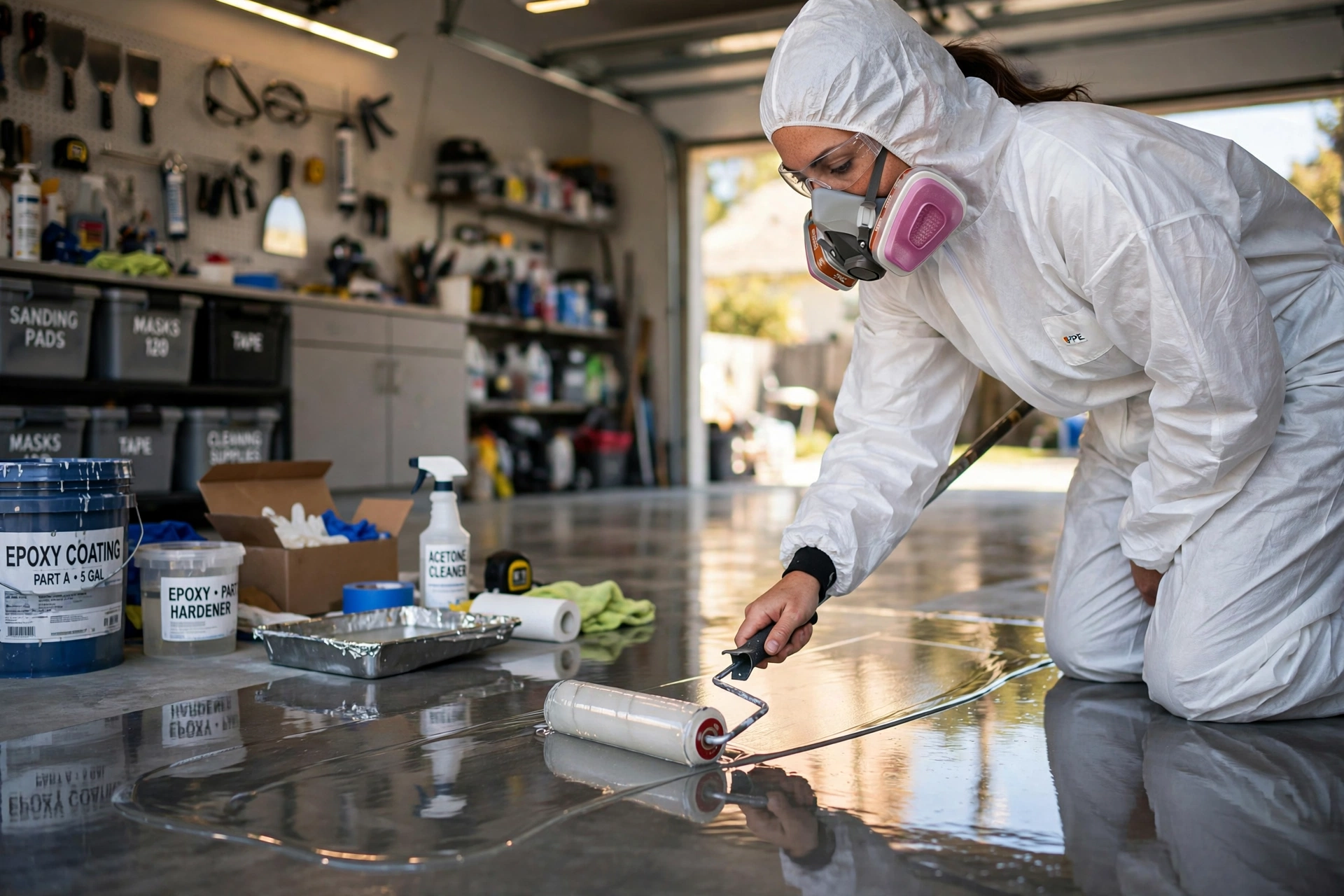 Professional painter applying epoxy coating to a garage floor in Saratoga CA