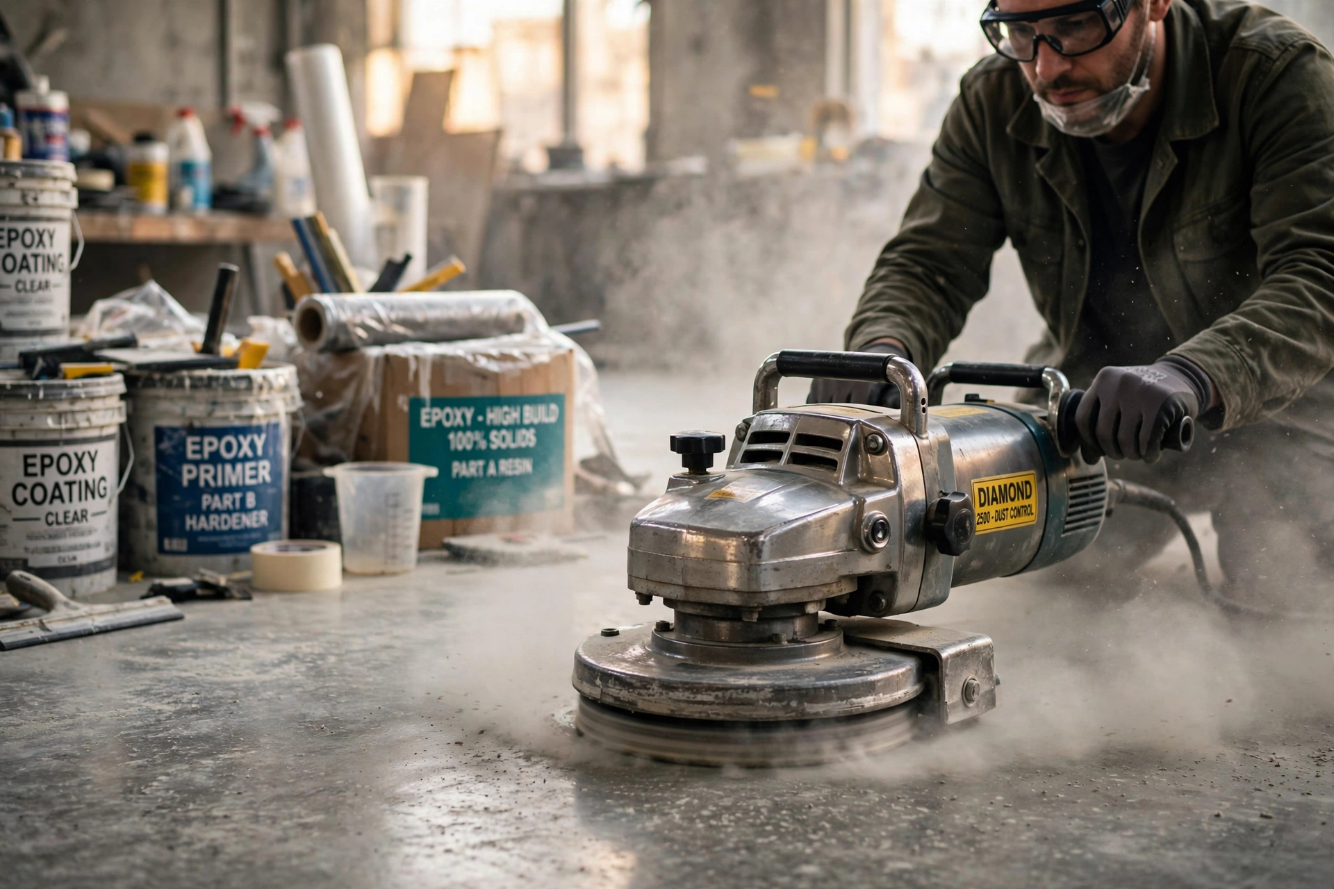 Industrial diamond grinder preparing concrete for epoxy coating