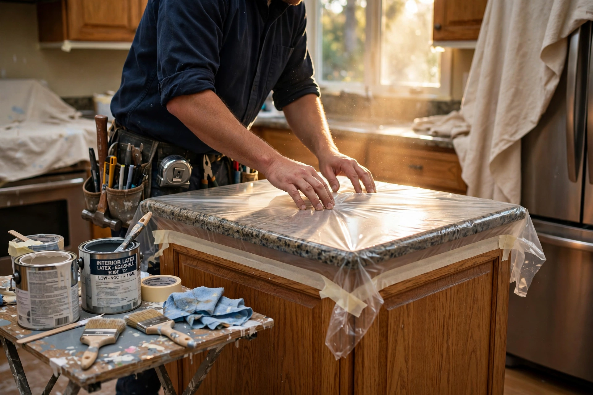 Painting contractor using plastic sheeting to protect kitchen counters
