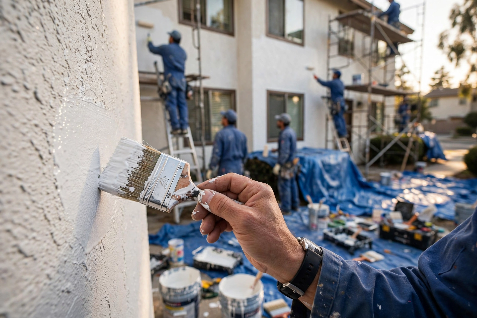 Professional painting crew applying exterior paint to a multi-family HOA complex in Albany, CA