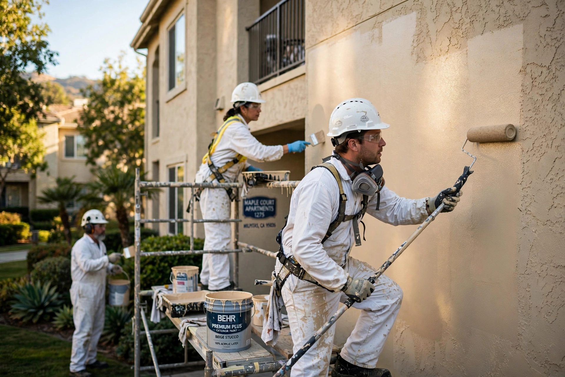 Professional multi-family painters applying exterior paint to a large apartment complex in Milpitas, CA