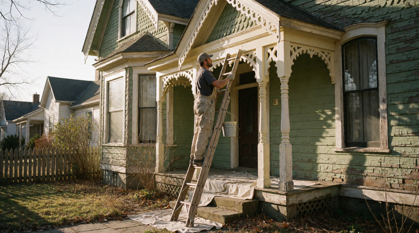Historic Victorian houses in Centerville, Fremont, CA showing varied paint colors
