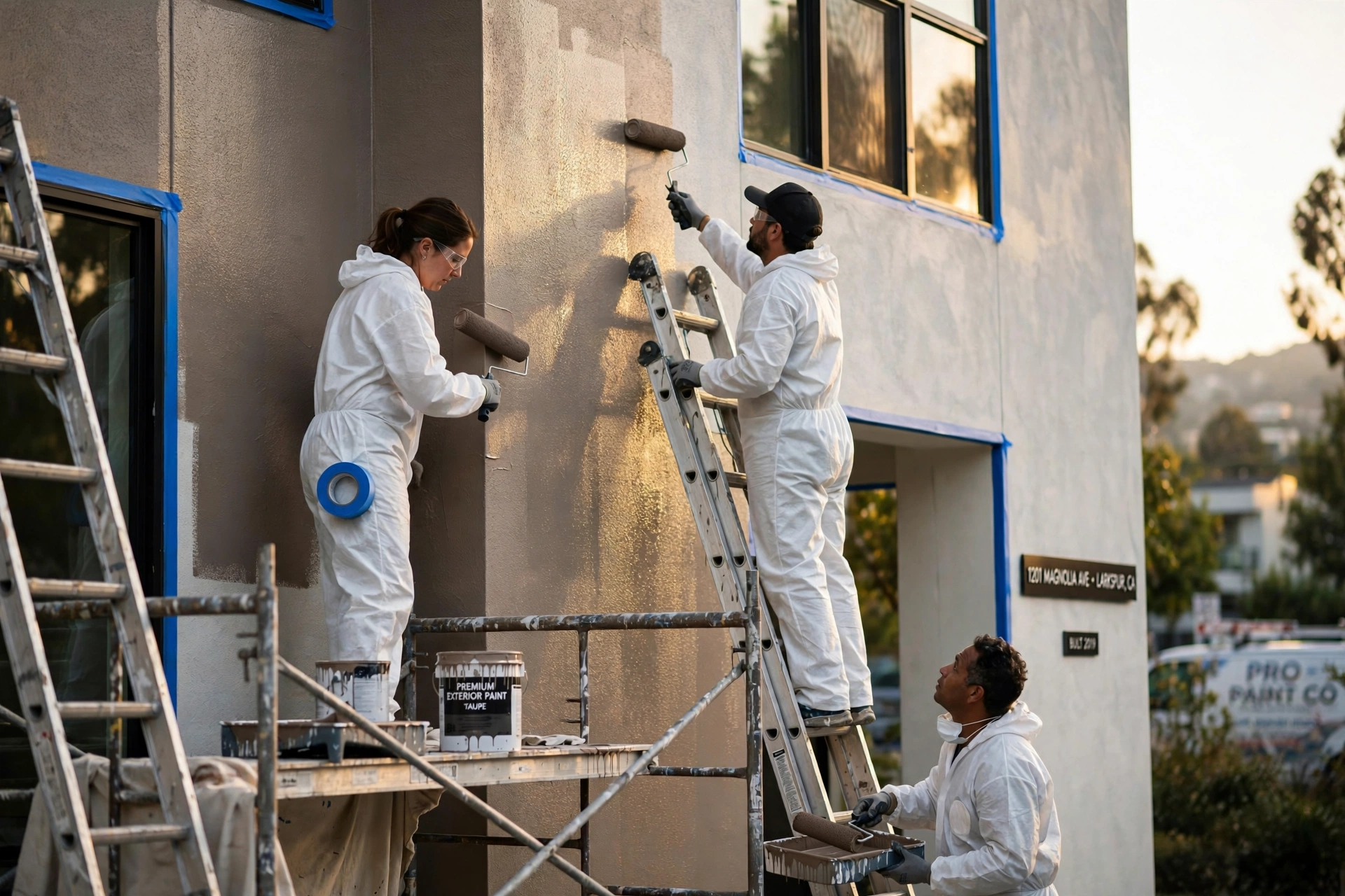 Professional painters working on a multi-family residential building in Larkspur California