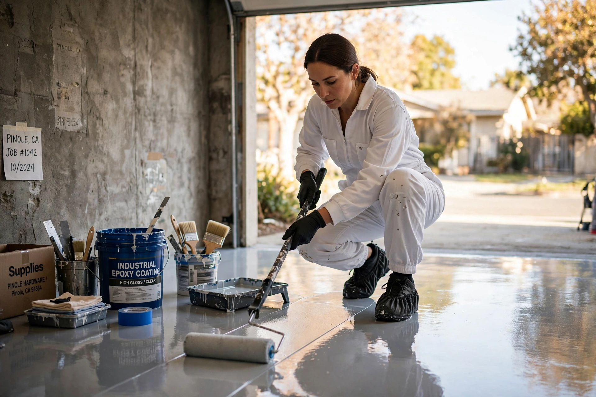Professional painter applying industrial epoxy coating to a garage floor in Pinole CA