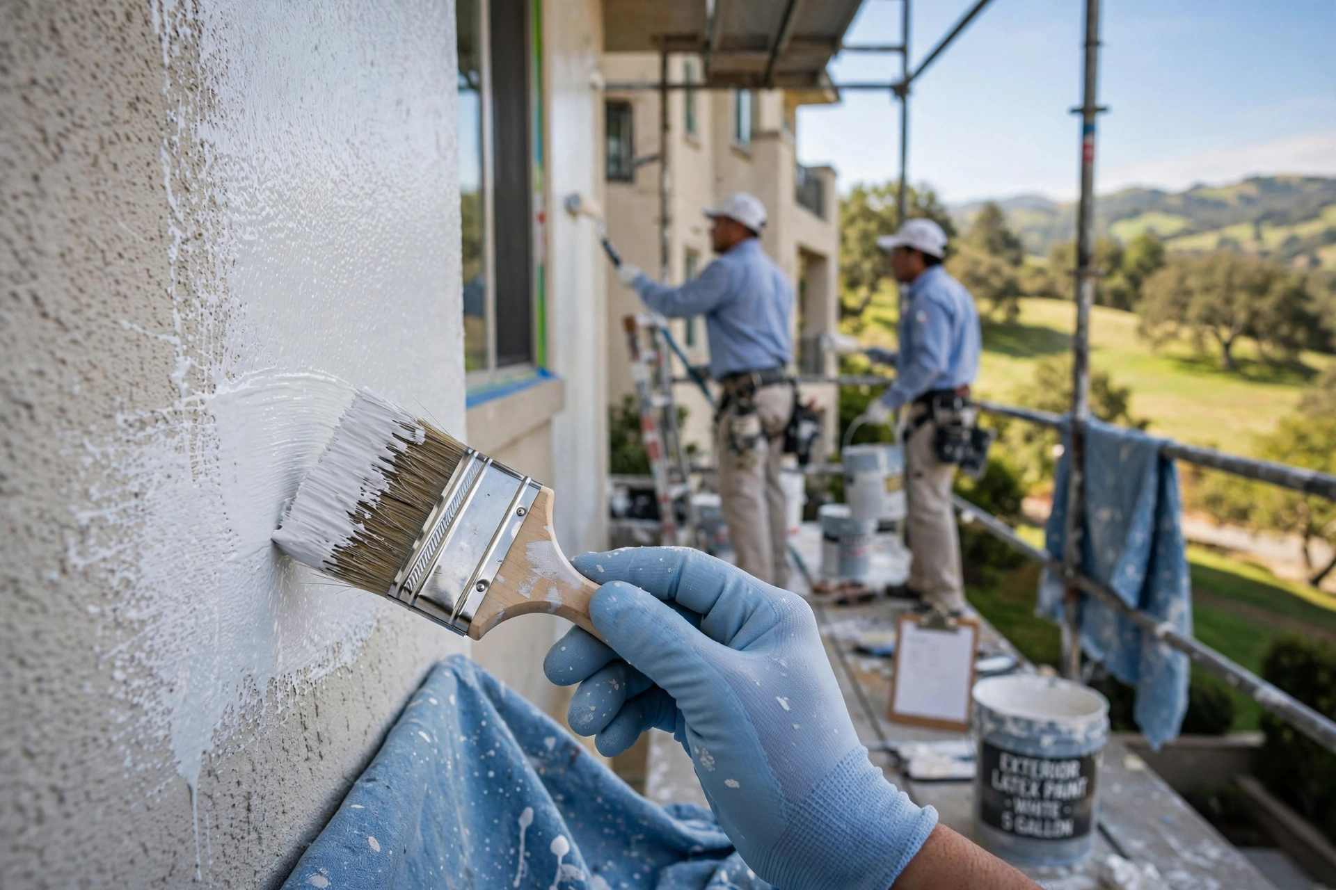 Professional multi-family painters applying exterior coating to a luxury residential complex in Portola Valley