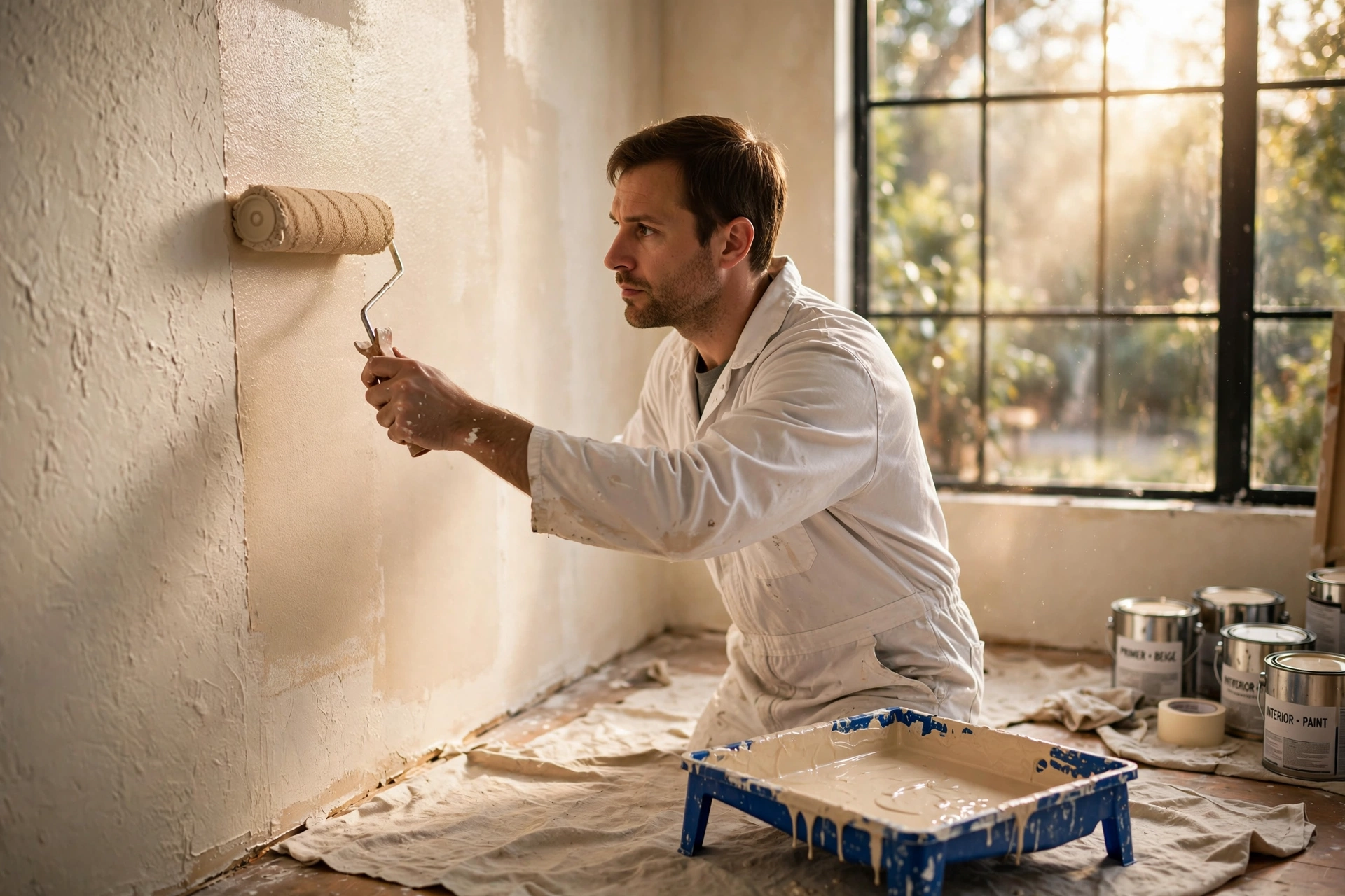 Professional painter preparing the wall before painting