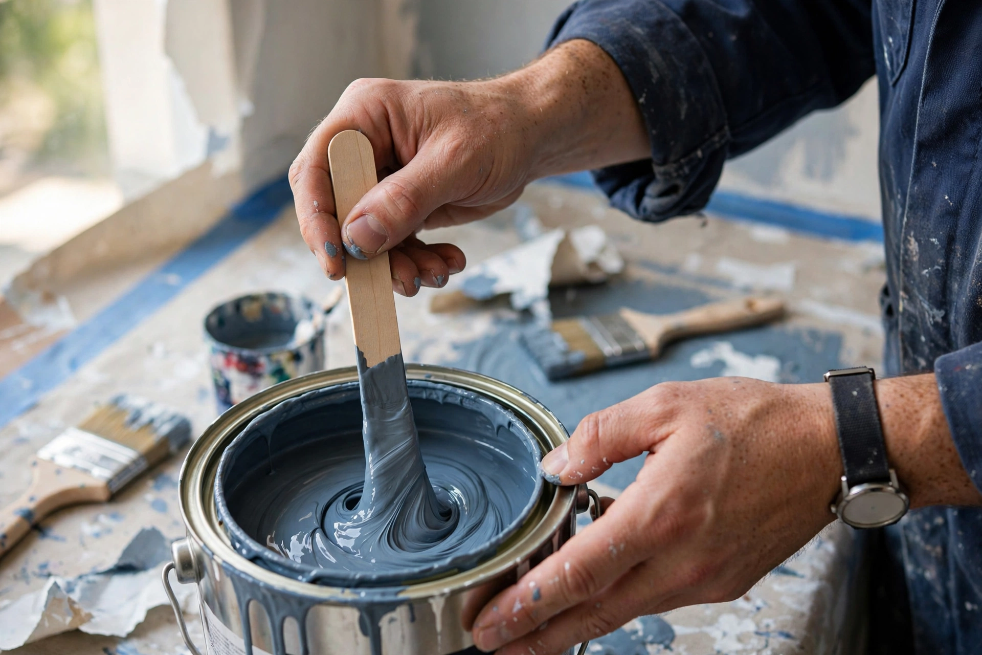 Professional painter preparing the wall before painting